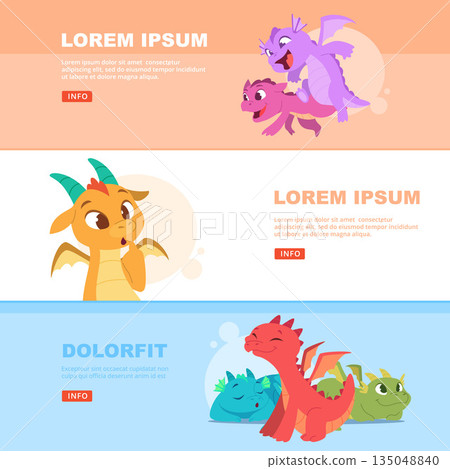 Dragons. banners with cartoon dragon kids in action poses. vector template with place for text Dragons. banners with cartoon dragon kids in action poses. vector template with place for text 135048840
