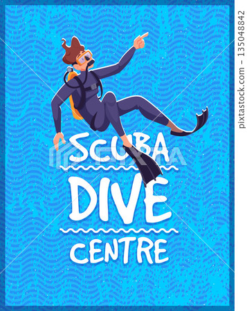 Diving poster. scuba diving retro placard with cartoon diver illustration 135048842