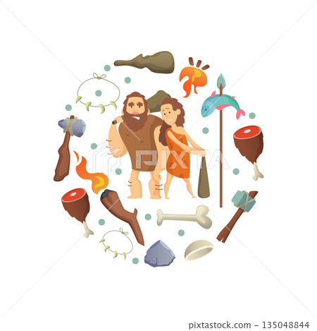 Caveman. round shape of background with wild cave persons and different tools 135048844