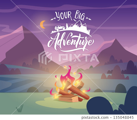 Camp background. adventure exploration concept outdoor background with campfire 135048845