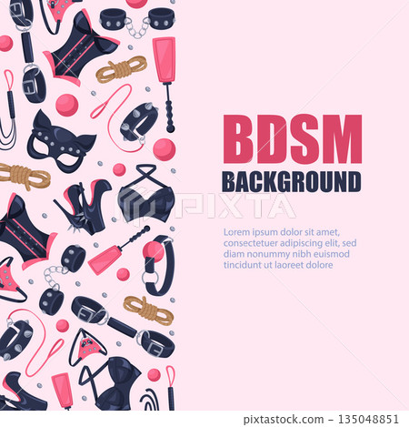 Adult fetish. sex items for lovers. vector cartoon background with mask latex panties ropes 135048851