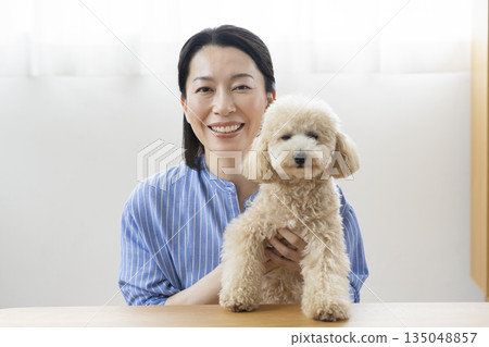 A woman in her 50s and her pet dog talking to the camera A woman in her 50s and her pet dog talking to the camera 135048857