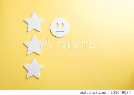 Three star feedback review indicates neutral customer service rating, quality evaluation shows average satisfaction, useful for tracking product experience on yellow background Three star feedback review indicates neutral customer service rating, quality evaluation shows average satisfaction, useful for tracking product experience on yellow background 135049024