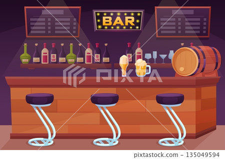 Cartoon bar counter. Drinking pub, beer wine glasses and bottles, wooden barrel with beverage and tall stools. Drink place interior, nowaday vector scene Cartoon bar counter. Drinking pub, beer wine glasses and bottles, wooden barrel with beverage and tall stools. Drink place interior, nowaday vector scene 135049594