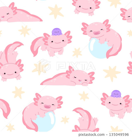 Axolotls seamless pattern. Cartoon axolotl floating on bubble, sleeping, with octopus on head. Mexican reptile fabric print template, decorative racy vector background 135049596
