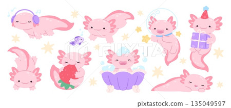 Cute axolotl different poses. Baby axolotls dreaming, taking bath, listen music in headphones. Funny amphibian, adorable reptiles, salamander mascots racy vector set 135049597