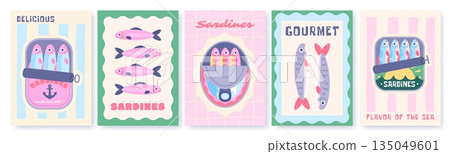 Sardines retro posters. Canned fish, seafood in cans retro poster design. Italian restaurant decorations, banners for cafe, bar, kitchen, racy vector set Sardines retro posters. Canned fish, seafood in cans retro poster design. Italian restaurant decorations, banners for cafe, bar, kitchen, racy vector set 135049601