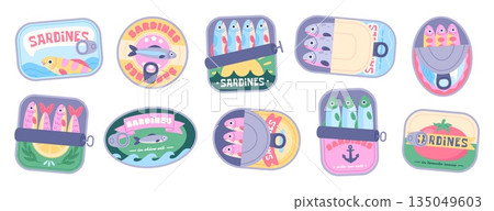 Cartoon sardines in cans. Canned fish, retro packages for seafood. Sprats, sea products in various cans. Fresh sardine for nutrition, racy vector set 135049603