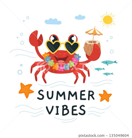 Crab print. Funny crab in sunglasses and floral hawaiian necklace with tropical cocktail. T-shirt childish sticker, banner, poster with ocean vibes, classy vector design Crab print. Funny crab in sunglasses and floral hawaiian necklace with tropical cocktail. T-shirt childish sticker, banner, poster with ocean vibes, classy vector design 135049604