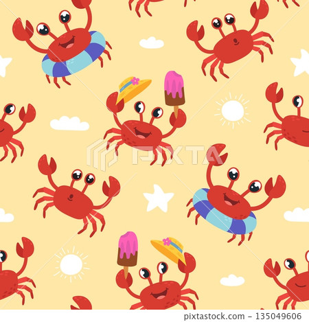 Cartoon crab seamless pattern. Funny crabs, underwater ocean animals. Summer sea characters. Decorative print for nursery, fabric, classy vector background Cartoon crab seamless pattern. Funny crabs, underwater ocean animals. Summer sea characters. Decorative print for nursery, fabric, classy vector background 135049606