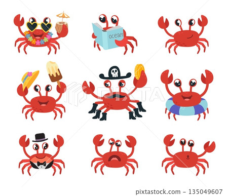 Funny crab characters. Positive crabs various situations. Summer vibes, sea world characters readings, eating, swimming. Underwater animals classy vector set Funny crab characters. Positive crabs various situations. Summer vibes, sea world characters readings, eating, swimming. Underwater animals classy vector set 135049607