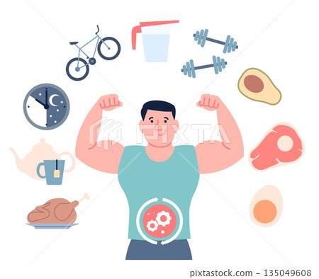 Male metabolism process. Regular workout, healthy food, daily drinking water. Chemical reaction and synthesis in human body, health lifestyle and nutrition, recent vector scene 135049608