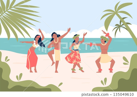 Hawaiian people. Positive hawaii characters dancing in traditional costumes on beach. Sunny day in tropic, folk island dancers group, recent vector background Hawaiian people. Positive hawaii characters dancing in traditional costumes on beach. Sunny day in tropic, folk island dancers group, recent vector background 135049610