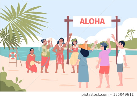 Tourists on hawaii. Hawaiian people in traditional dancing suits welcome travellers. Vacation on island, folk style party, tropical leisure recent vector scene Tourists on hawaii. Hawaiian people in traditional dancing suits welcome travellers. Vacation on island, folk style party, tropical leisure recent vector scene 135049611