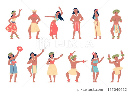 Hawaiian dancers. Traditional hawaii characters in costumes, floral necklace and green wreath. Positive island people, folk dancing, recent vector clipart Hawaiian dancers. Traditional hawaii characters in costumes, floral necklace and green wreath. Positive island people, folk dancing, recent vector clipart 135049612