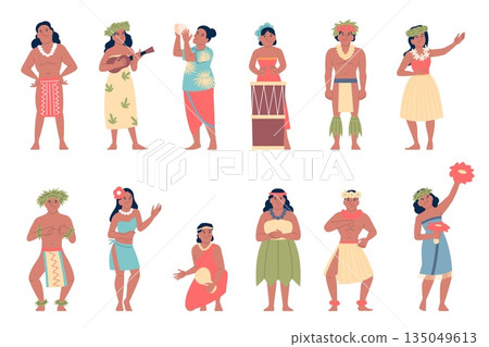 Hawaiian characters. Hawaii people in traditional suits, with flowers and musical instruments. Dancers and musicians, folk artists, recent vector set Hawaiian characters. Hawaii people in traditional suits, with flowers and musical instruments. Dancers and musicians, folk artists, recent vector set 135049613