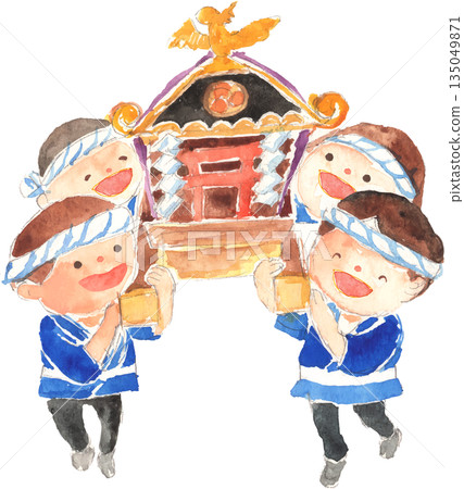 Watercolor illustration of children's portable shrine, vector 135049871
