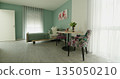 Modern minimalistic bedroom with green walls, floral chairs, and cozy atmosphere. Beds beside large window with sheer curtains letting in light. Stylish table setting with flowers enhancing the room's 135050210