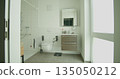 Contemporary bathroom with wheelchair accessible shower and modern vanity. White tiles and natural light create clean and bright space. Design includes accessible features for ease of use. 135050212