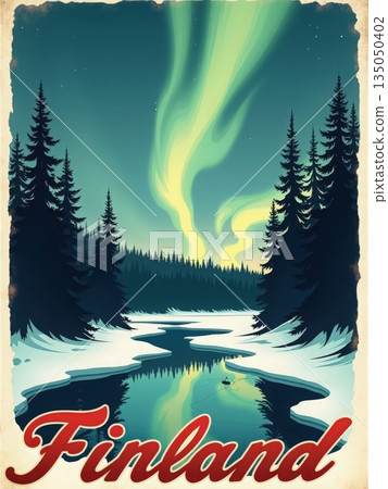 Northern lights glow above a river with ice and snow in Finland. Tall trees surround the scene, creating a natural frame. It is evening, with soft colors in the sky. Northern lights glow above a river with ice and snow in Finland. Tall trees surround the scene, creating a natural frame. It is evening, with soft colors in the sky. 135050402