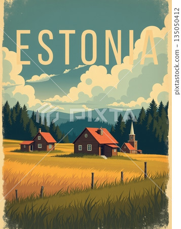 Houses sit on a grassy field in Estonia. Trees line the background with a church steeple visible. Clouds fill the blue sky above. The scene captures the essence of rural life. 135050412