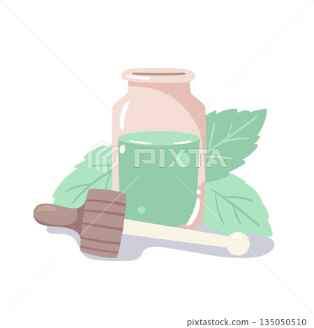 Cool mint or eucalyptus oil with lush green leaves. A refreshing design for respiratory wellness and invigorating spa rituals. Cool mint or eucalyptus oil with lush green leaves. A refreshing design for respiratory wellness and invigorating spa rituals. 135050510