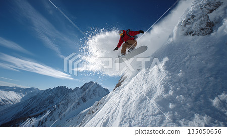 Snowboarder performing extreme jump on steep alpine slope with fresh powder snow explosion 135050656