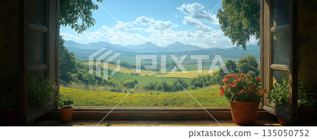 透過窗戶看到的鄉村風景 135050752