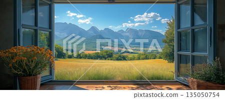 透過窗戶看到的鄉村風景 135050754