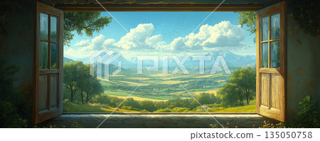 透過窗戶看到的鄉村風景 135050758
