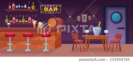 Bar interior. Cartoon pub with wooden counter, drinks, table and tale stools. Evening meeting place for drinking with friends or dating. Beer barrel, nowaday vector scene 135050785