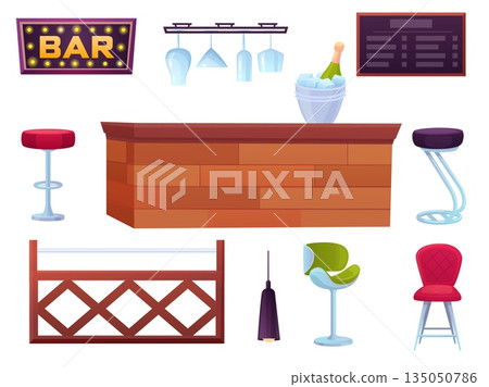 Cartoon bar furniture. Pub interior accessories, metal wooden with ice cubes, tale stools, sign. Different glasses for cocktails, wooden counter, nowaday vector elements Cartoon bar furniture. Pub interior accessories, metal wooden with ice cubes, tale stools, sign. Different glasses for cocktails, wooden counter, nowaday vector elements 135050786