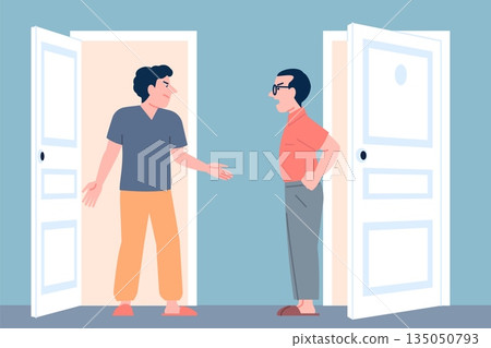 Neighbors conflict. Men loud shouting in apartment house corridor, neighborhood problems. Male characters disputing, big quarrel recent vector scene Neighbors conflict. Men loud shouting in apartment house corridor, neighborhood problems. Male characters disputing, big quarrel recent vector scene 135050793