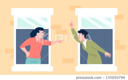 Neighbors fight. Female quarrel, angry neighborhood vibe. Furious women look out of windows and shout at each other, argues, recent vector urban scene Neighbors fight. Female quarrel, angry neighborhood vibe. Furious women look out of windows and shout at each other, argues, recent vector urban scene 135050794