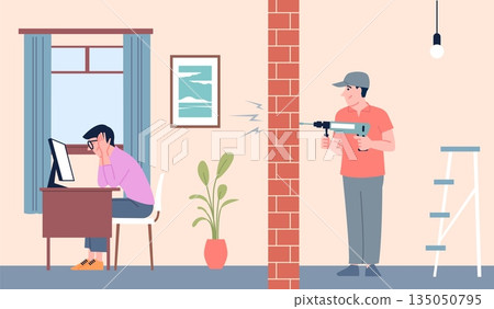 Home repair noise. Male character cant working at apartment from drill noisy. Neighborhood, neighbor repairman. Student is being prevented from studying, recent vector scene Home repair noise. Male character cant working at apartment from drill noisy. Neighborhood, neighbor repairman. Student is being prevented from studying, recent vector scene 135050795