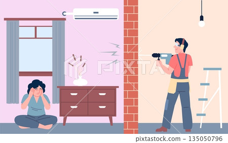 Apartment repair noise. Young woman and neighbor repairman. Female covering her ears from drill noisy. Urban lifestyle, modern city louds, recent vector scene Apartment repair noise. Young woman and neighbor repairman. Female covering her ears from drill noisy. Urban lifestyle, modern city louds, recent vector scene 135050796