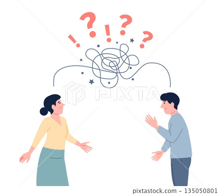 Problems communicating with colleagues. Business people misunderstanding, messy communication line. Confusion, conflicts and problems, recent vector scene 135050801