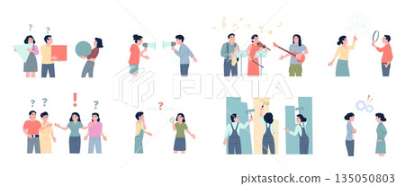 Misunderstanding scenes. Communication problems and conflicts, disagreements. People confrontation, trouble communicated and alternative view, recent vector concept Misunderstanding scenes. Communication problems and conflicts, disagreements. People confrontation, trouble communicated and alternative view, recent vector concept 135050803