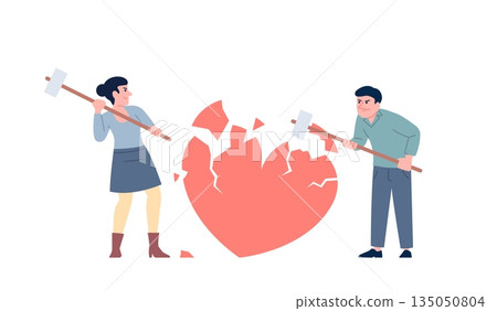 Broken heart with hammer. Man woman holding hammers and break big red heart. Relationship, family and romantic love end metaphor, recent vector scene 135050804
