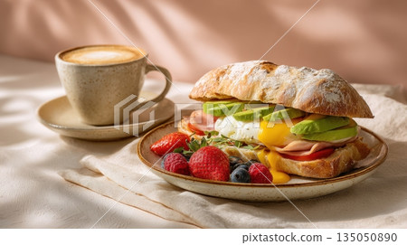 Breakfast with toast and coffee Breakfast with toast and coffee 135050890