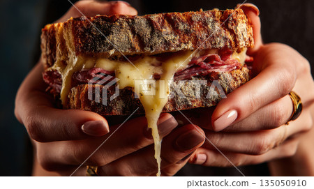 Warm sandwich with cheese in hands Warm sandwich with cheese in hands 135050910