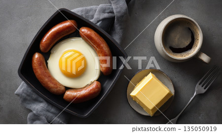 Breakfast with sausages and egg 135050919