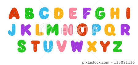 A bright, multicolored set of the English alphabet, handwritten in pencil or chalk. 135051136