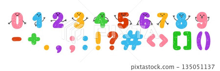 Colorful crayon font vector sketch, numbers and punctuation marks, kids chalk, pencil typeface alphabet faces and hands 135051137