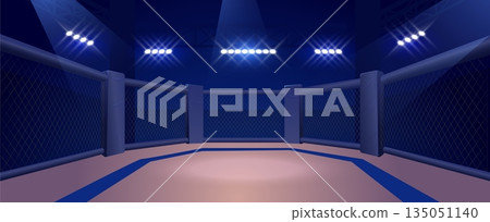 An empty MMA sports ring with a fenced arena and floodlights. An empty MMA sports ring with a fenced arena and floodlights. 135051140