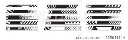 Racing stripes, race start and finish flag, black and white checkers, checkered flag sport car decal stripes vector set 135051144