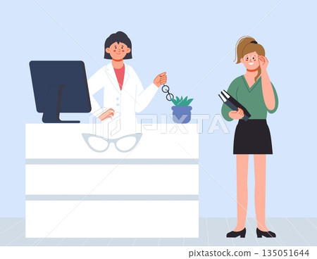 Young woman chooses glasses at optical store. Ophthalmologist, female trying on glasses. Sales consultant and buyer, student or office worker, vector scene 135051644
