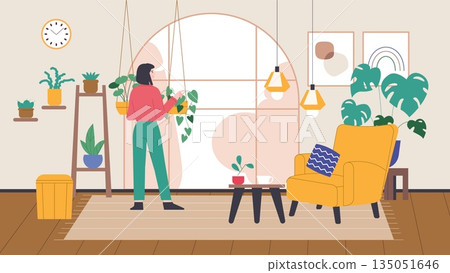 Woman care plants in cozy room. Living room, home garden with different greens in pots. Relax time, modern urban apartment life, vector illustration Woman care plants in cozy room. Living room, home garden with different greens in pots. Relax time, modern urban apartment life, vector illustration 135051646