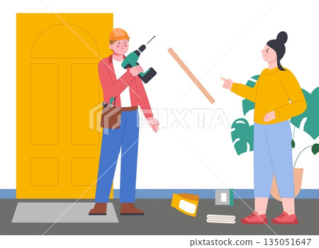 Repairman with drill. Worker man helps young girl hang shelf. Repair at home or apartment. Husband for hour come to woman. Broken shelf and messy, vector scene 135051647
