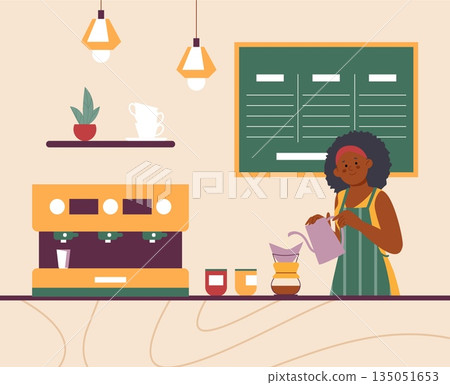 Female barista doing filter coffee at counter. Cafe or bar worker, professional waiter. Woman prepares and sells hot cold drinks, vector scene Female barista doing filter coffee at counter. Cafe or bar worker, professional waiter. Woman prepares and sells hot cold drinks, vector scene 135051653
